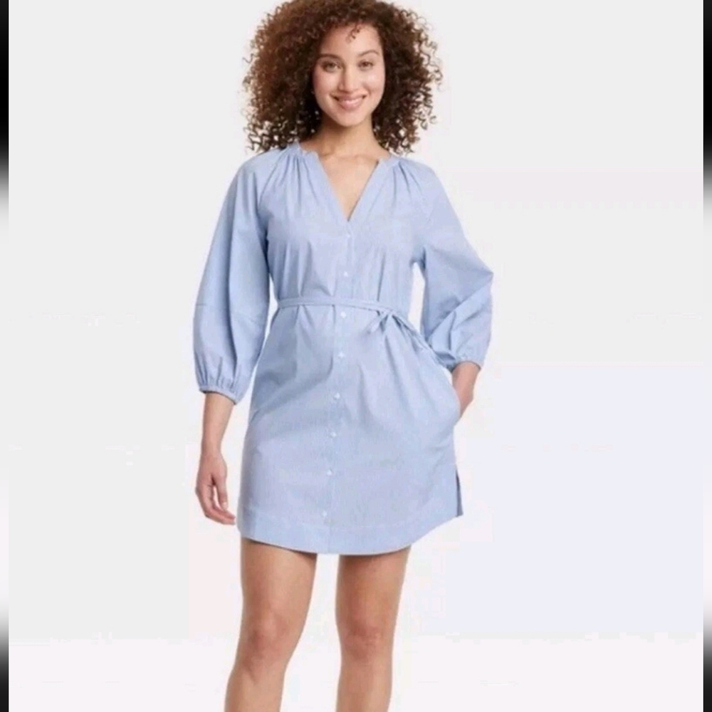 A New Day Light Blue V-Neck Button-Down Dress
